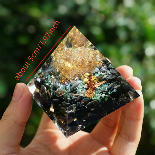 1pc Tree of Life Orgonite Pyramid with White Quartz and Obsidian Gemstone, Pyramid Ornament  White Quartz and Obsidian Resin